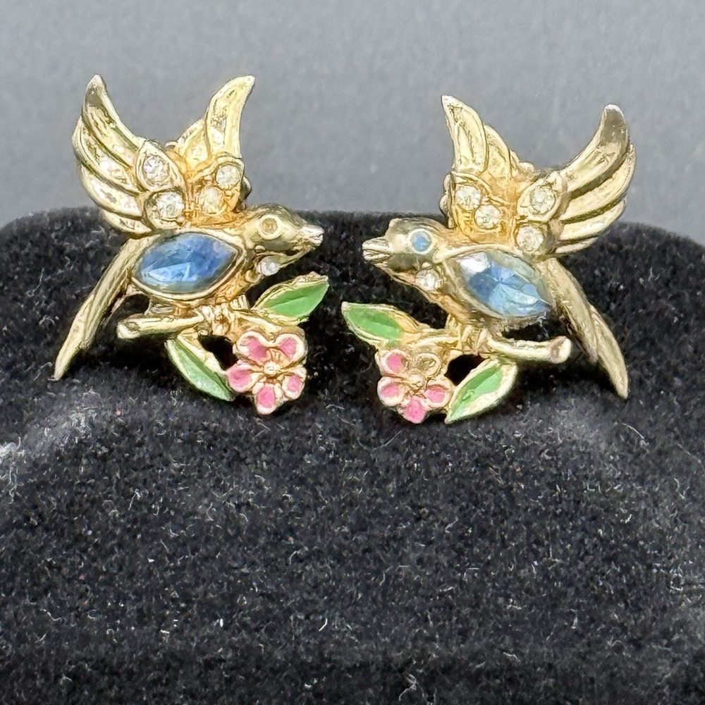 VTG 1940s-1950s Coro Lovebird‎ Clip Earrings - Rhinestone & Enamel Garden Motif